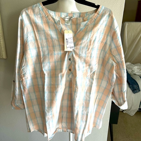 Christopher & Banks plaid pastel three bottom placket front cotton blouse Size L - Picture 6 of 14